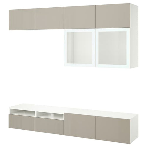 BESTÅ - TV combination / glass doors, white / Selsviken high-gloss / beige frosted glass, 240x42x231 cm