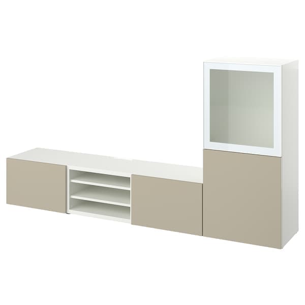 BESTÅ - TV combination / glass doors, white / Selsviken high-gloss / beige frosted glass, 240x42x129 cm