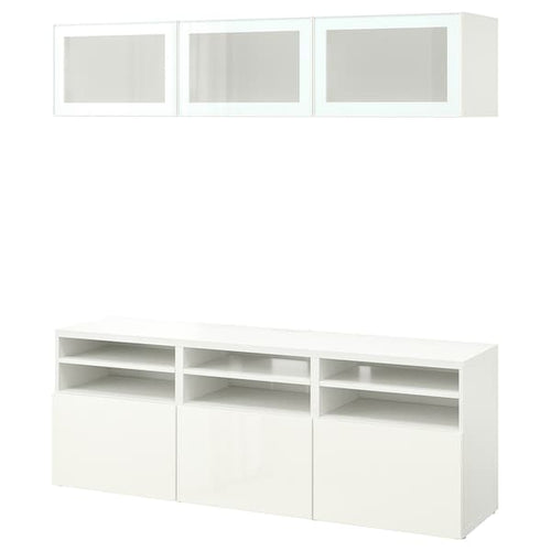 BESTÅ - TV storage combination/glass doors, white/Selsviken high-gloss/white frosted glass, 180x42x192 cm