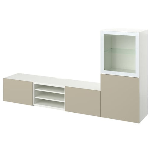 BESTÅ - TV combination / glass doors, white / Selsviken high-gloss / beige clear glass, 240x42x129 cm