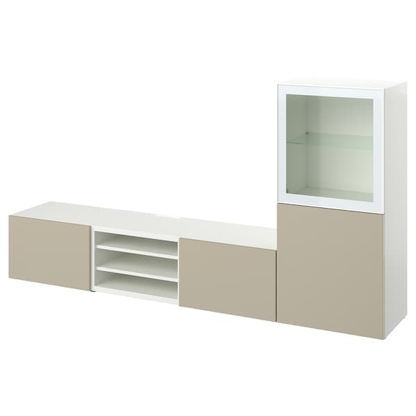 BESTÅ - TV combination / glass doors, white / Selsviken high-gloss / beige clear glass, 240x42x129 cm