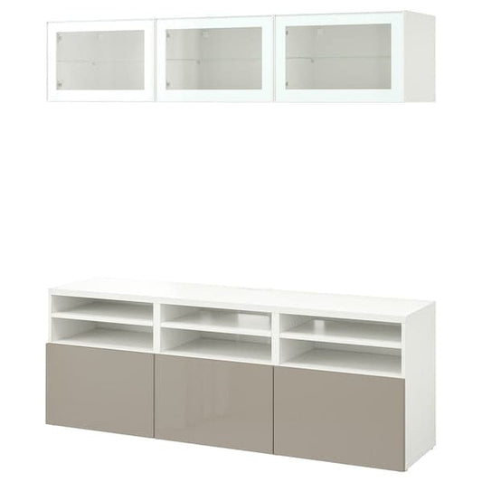 Ikea BESTÅ - TV combination / glass doors, white / Selsviken high-gloss / beige clear glass, 180x42x192 cm