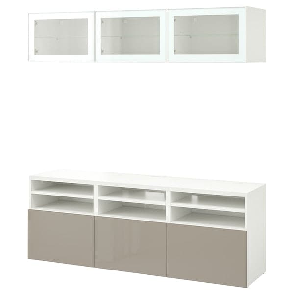 BESTÅ - TV combination / glass doors, white / Selsviken high-gloss / beige clear glass, 180x42x192 cm