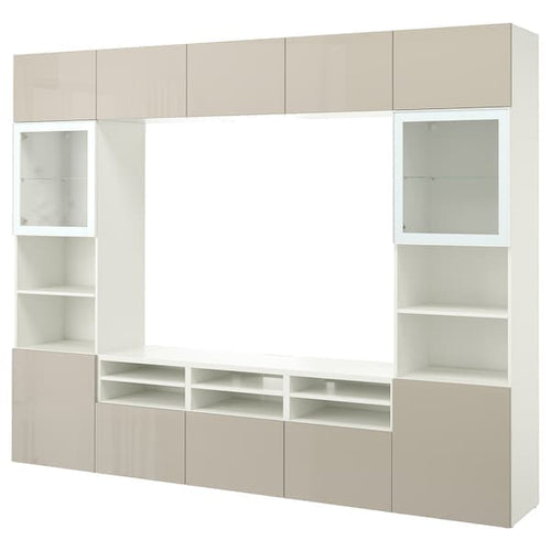BESTÅ - TV combination / glass doors, white / Selsviken high-gloss / beige clear glass, 300x42x231 cm