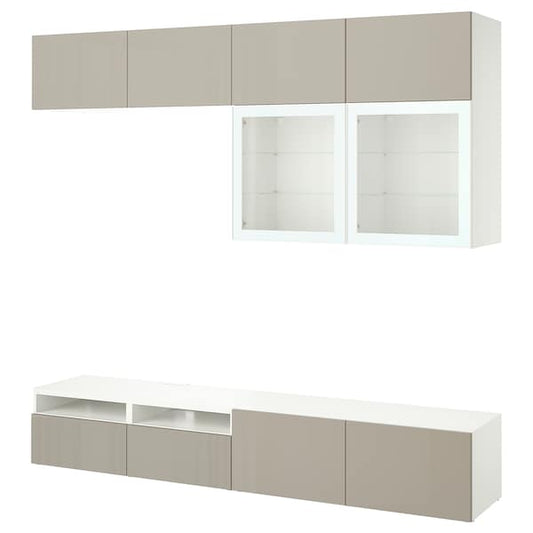 Ikea BESTÅ - TV combination / glass doors, white / Selsviken high-gloss / beige clear glass, 240x42x231 cm ,