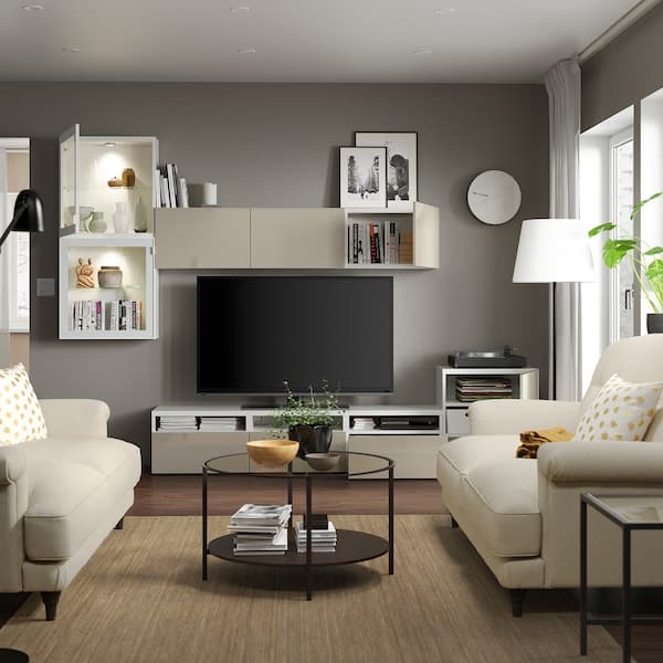 Ikea BESTÅ - TV set/glass combination, white/Selsviken gloss/beige transparent glass, 300x42x211 cm ,
