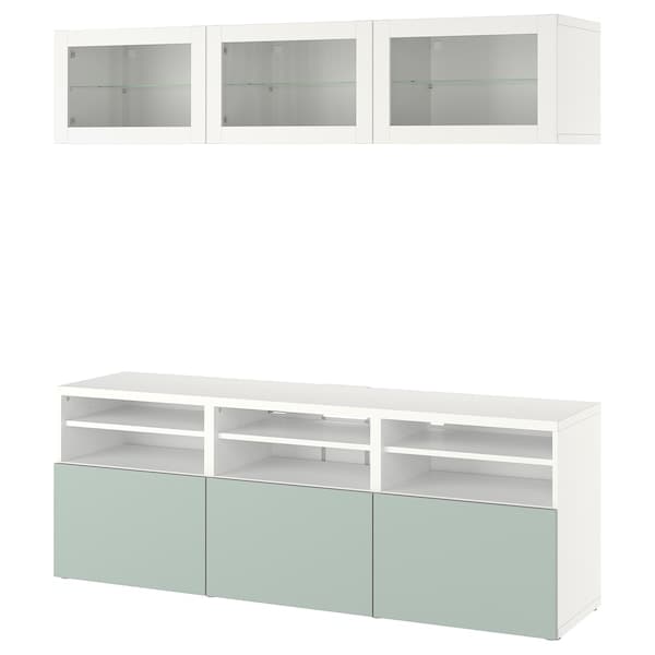 Ikea BESTÅ - TV storage combination/glass doors, white Sindvik/Hjortviken pale grey-green, 180x42x192 cm