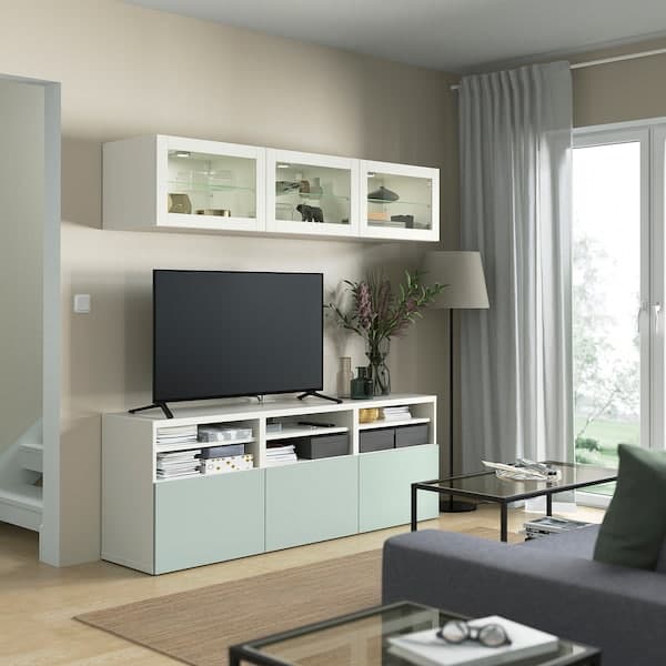 BESTÅ - TV storage combination/glass doors, white Sindvik/Hjortviken pale grey-green, 180x42x192 cm - best price from Maltashopper.com 79435995