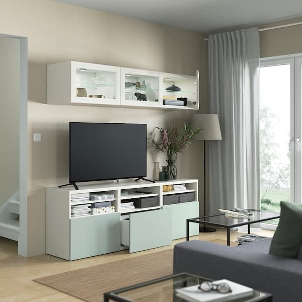 Ikea BESTÅ - TV storage combination/glass doors, white Sindvik/Hjortviken pale grey-green, 180x42x192 cm