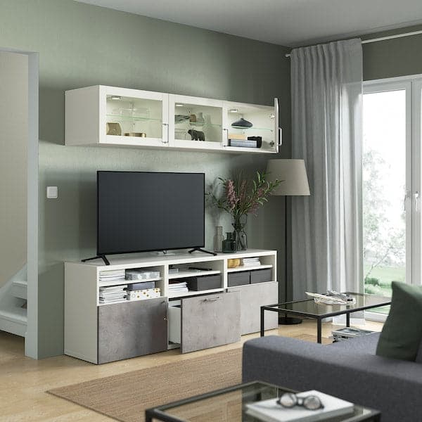 Ikea BESTÅ - TV storage combination/glass doors, white Sindvik/Kallviken light grey, 180x42x192 cm