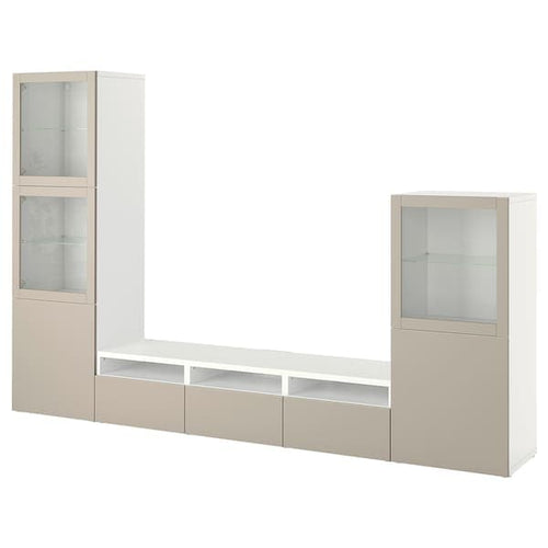 BESTÅ - TV storage combination/glass doors, white Sindvik/Lappviken light grey/beige, 300x42x193 cm