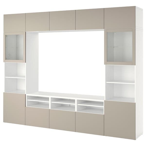 BESTÅ - TV storage combination/glass doors, white Sindvik/Lappviken light grey/beige, 300x42x231 cm - best price from Maltashopper.com 19421374