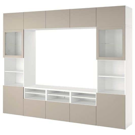 Ikea BESTÅ - TV storage combination/glass doors, white Sindvik/Lappviken light grey/beige, 300x42x231 cm