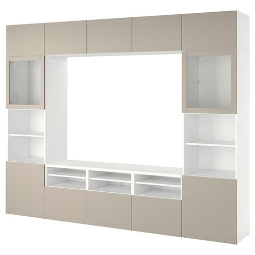 BESTÅ - TV storage combination/glass doors, white Sindvik/Lappviken light grey/beige, 300x42x231 cm