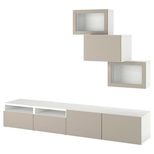BESTÅ - TV storage combination/glass doors, white Sindvik/Lappviken light grey-beige, 240x42x190 cm