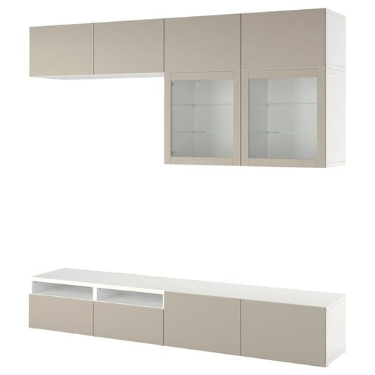 Ikea BESTÅ - TV storage combination/glass doors, white Sindvik/Lappviken light grey/beige, 240x42x231 cm