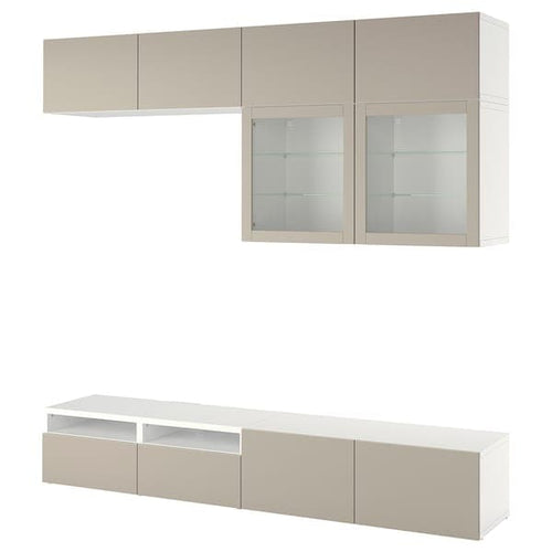 BESTÅ - TV storage combination/glass doors, white Sindvik/Lappviken light grey/beige, 240x42x231 cm