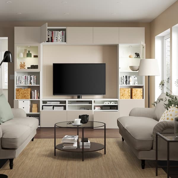 Ikea BESTÅ - TV storage combination/glass doors, white Sindvik/Lappviken light grey/beige, 300x42x231 cm