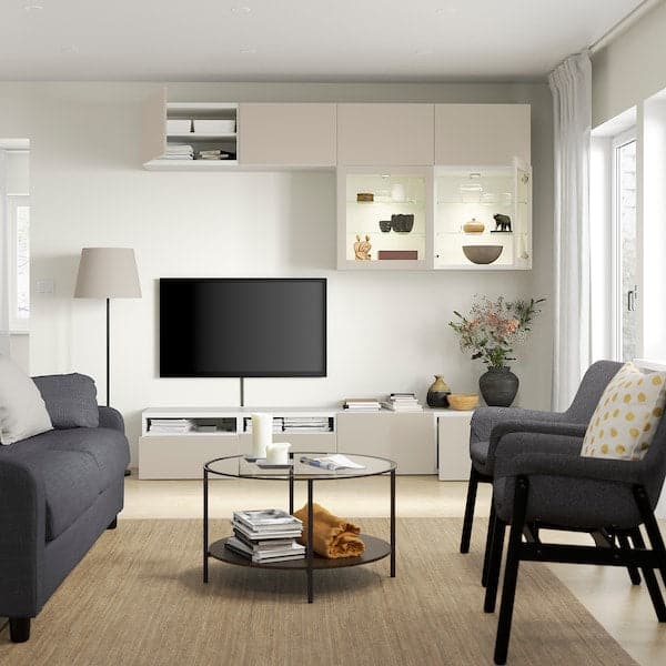 Ikea BESTÅ - TV storage combination/glass doors, white Sindvik/Lappviken light grey/beige, 240x42x231 cm
