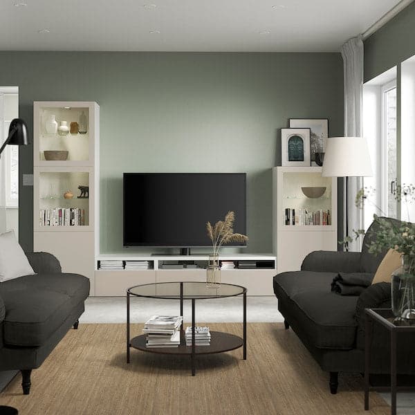 Ikea BESTÅ - TV storage combination/glass doors, white Sindvik/Lappviken light grey/beige, 300x42x193 cm
