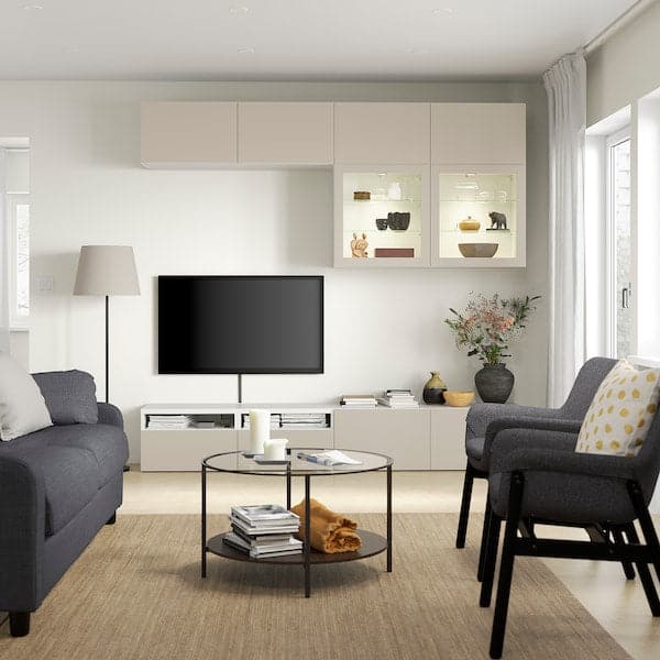 Ikea BESTÅ - TV storage combination/glass doors, white Sindvik/Lappviken light grey/beige, 240x42x231 cm