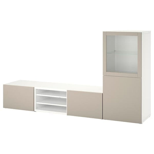 Ikea BESTÅ - TV storage combination/glass doors, white Sindvik/Lappviken light grey/beige, 240x42x129 cm