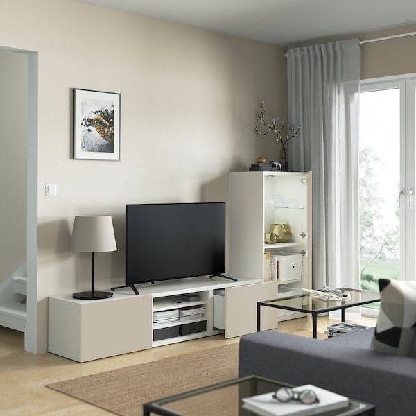Ikea BESTÅ - TV storage combination/glass doors, white Sindvik/Lappviken light grey/beige, 240x42x129 cm