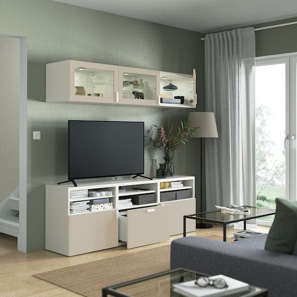 Ikea BESTÅ - TV storage combination/glass doors, white Sindvik/Lappviken light grey/beige, 180x42x192 cm