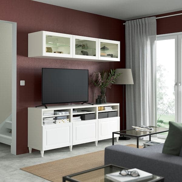 BESTÅ - TV storage combination/glass doors, white/Smeviken/Kabbarp white clear glass, 180x42x192 cm - best price from Maltashopper.com 69408676