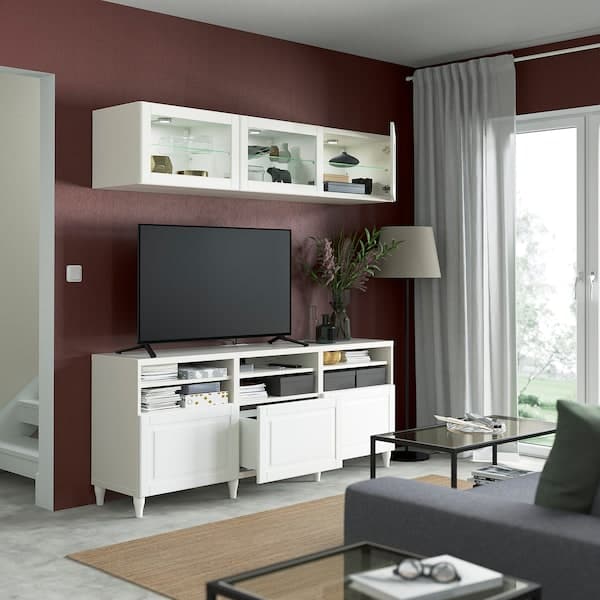 Ikea BESTÅ - TV storage combination/glass doors, white/Smeviken/Kabbarp white clear glass, 180x42x192 cm