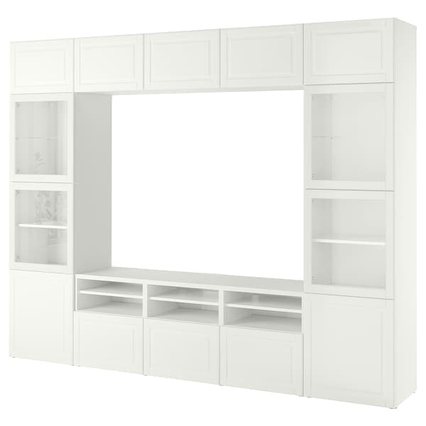Ikea BESTÅ - TV storage combination/glass doors, white Smeviken/Ostvik white clear glass, 300x42x231 cm