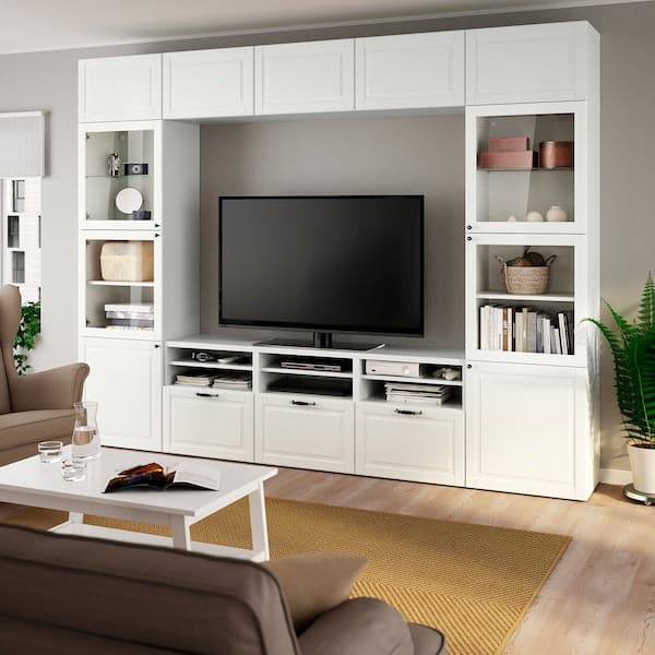 Ikea BESTÅ - TV storage combination/glass doors, white Smeviken/Ostvik white clear glass, 300x42x231 cm