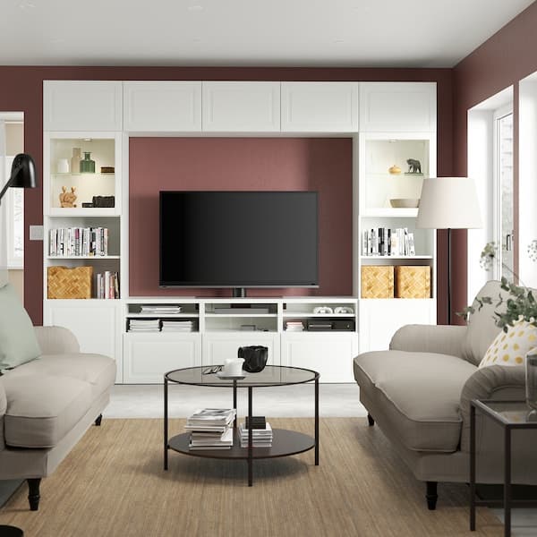 BESTÅ - TV storage combination/glass doors, white Smeviken/Ostvik white clear glass, 300x42x231 cm - best price from Maltashopper.com 99411248