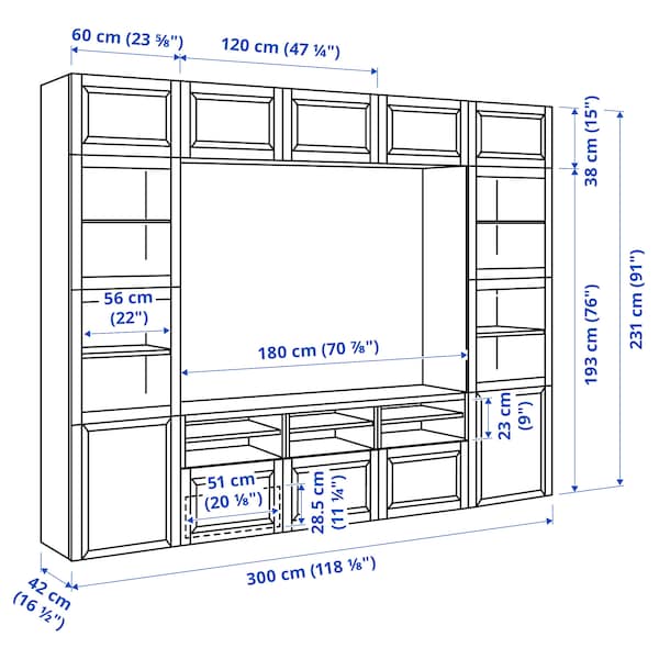Ikea BESTÅ - TV storage combination/glass doors, white Smeviken/Ostvik white clear glass, 300x42x231 cm