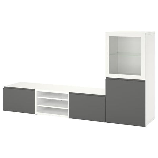 Ikea BESTÅ - TV storage combination/glass doors, white Sindvik/Västerviken grey, 240x42x129 cm