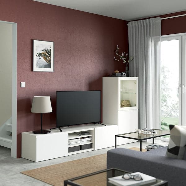Ikea BESTÅ - TV storage combination/glass doors, white/Västerviken white clear glass, 240x42x129 cm