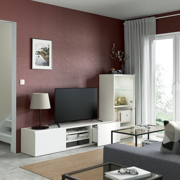 Ikea BESTÅ - TV storage combination/glass doors, white/Västerviken white clear glass, 240x42x129 cm