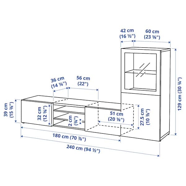 Ikea BESTÅ - TV storage combination/glass doors, white/Västerviken white clear glass, 240x42x129 cm