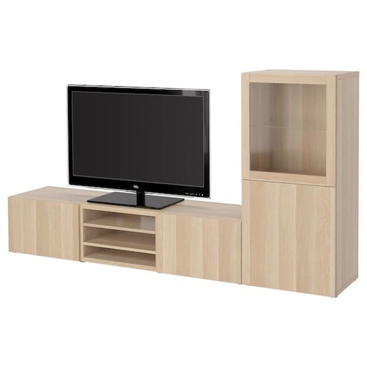 Ikea BESTÅ - TV storage combination/glass doors, white stained oak effect/Lappviken white stained oak eff clear glass, 240x42x129 cm