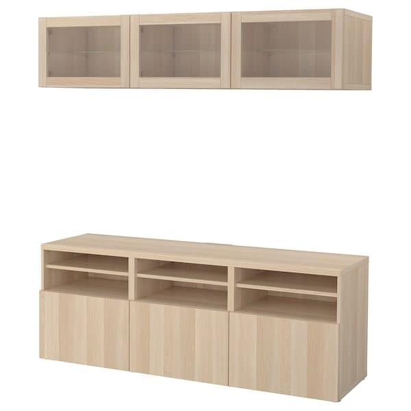 BESTÅ - TV storage combination/glass doors, white stained oak effect/Lappviken white stained oak eff clear glass, 180x42x192 cm - best price from Maltashopper.com 29407198