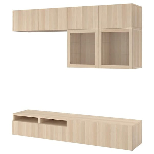 Ikea BESTÅ - TV storage combination/glass doors, white stained oak effect/Lappviken white stained oak eff clear glass, 240x42x231 cm