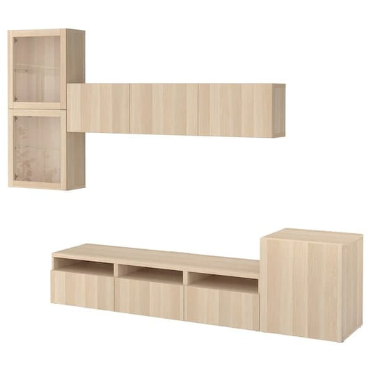 Ikea BESTÅ - TV storage combination/glass doors, white stained oak effect/Lappviken white stained oak eff clear glass, 300x42x211 cm