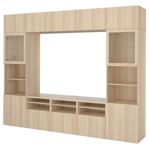 BESTÅ - TV storage combination/glass doors, white stained oak effect/Lappviken white stained oak eff clear glass, 300x42x231 cm - best price from Maltashopper.com 39411010