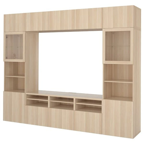 BESTÅ - TV storage combination/glass doors, white stained oak effect/Lappviken white stained oak eff clear glass, 300x42x231 cm