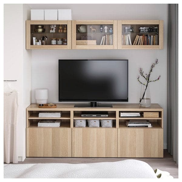 BESTÅ - TV storage combination/glass doors, white stained oak effect/Lappviken white stained oak eff clear glass, 180x42x192 cm - best price from Maltashopper.com 29407198