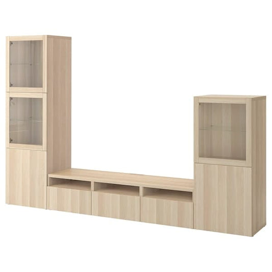 Ikea BESTÅ - TV storage combination/glass doors, white stained oak effect/Lappviken white stained oak eff clear glass, 300x42x193 cm
