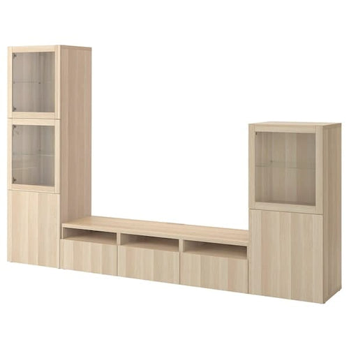 BESTÅ - TV storage combination/glass doors, white stained oak effect/Lappviken white stained oak eff clear glass, 300x42x193 cm