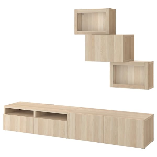 Ikea BESTÅ - TV storage combination/glass doors, white stained oak effect/Lappviken white stained oak eff clear glass, 240x42x190 cm