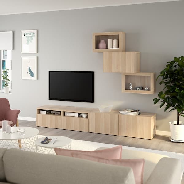 Ikea BESTÅ - TV storage combination/glass doors, white stained oak effect/Lappviken white stained oak eff clear glass, 240x42x190 cm
