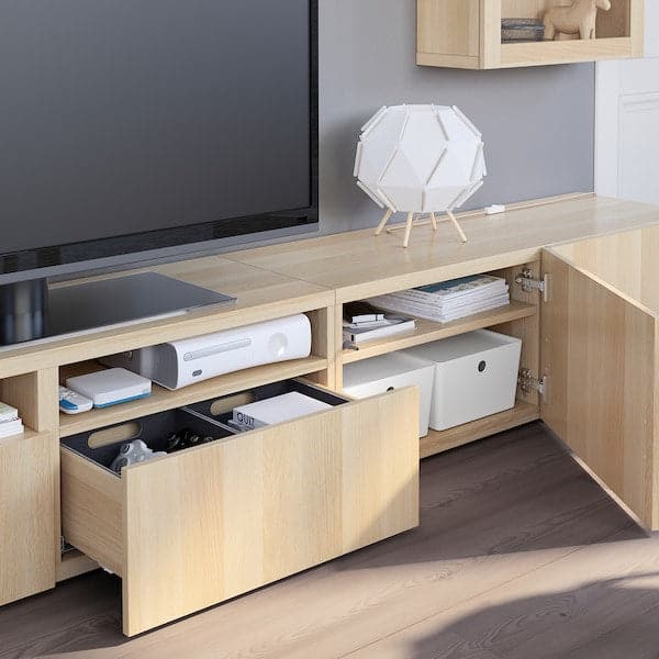Ikea BESTÅ - TV storage combination/glass doors, white stained oak effect/Lappviken white stained oak eff clear glass, 240x42x190 cm